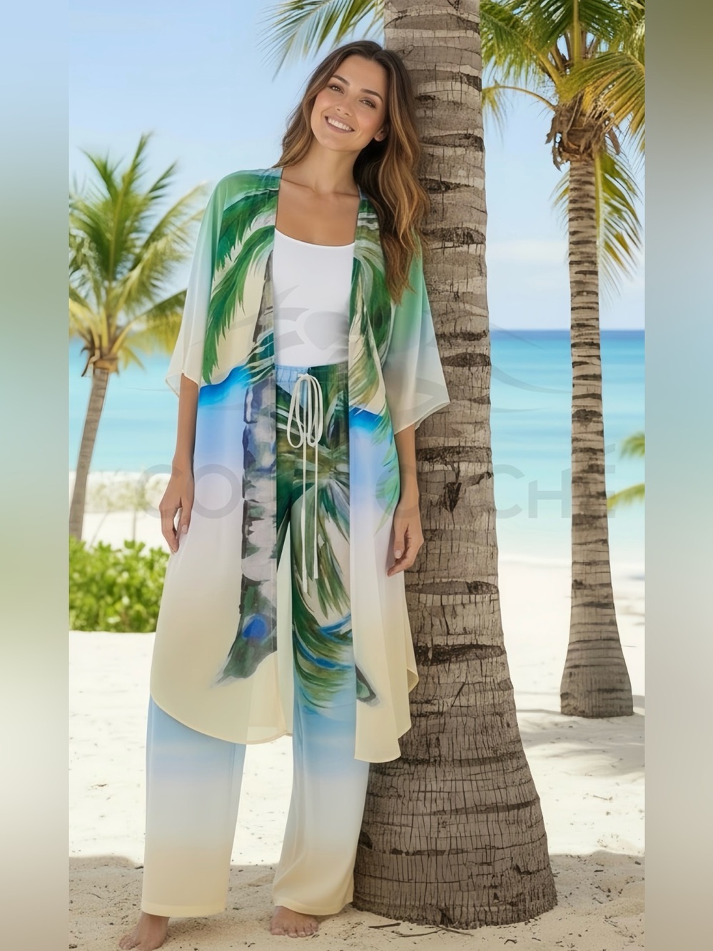 Luxury Two Piece Set Coco Palm Print Kimono Duster Kaftan Coverup